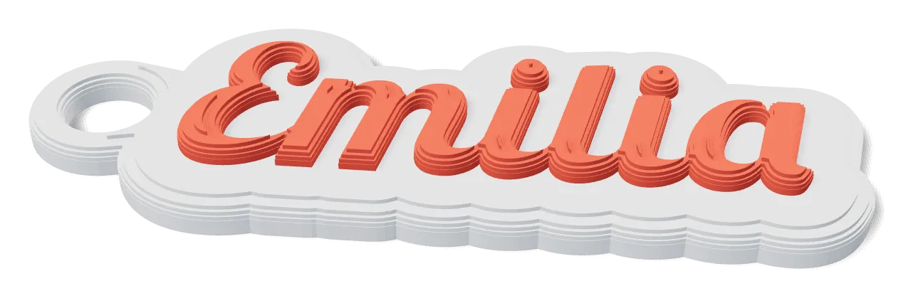 Llavero impreso en 3D con el nombre Emilia en letras coral sobre una base blanca con argolla